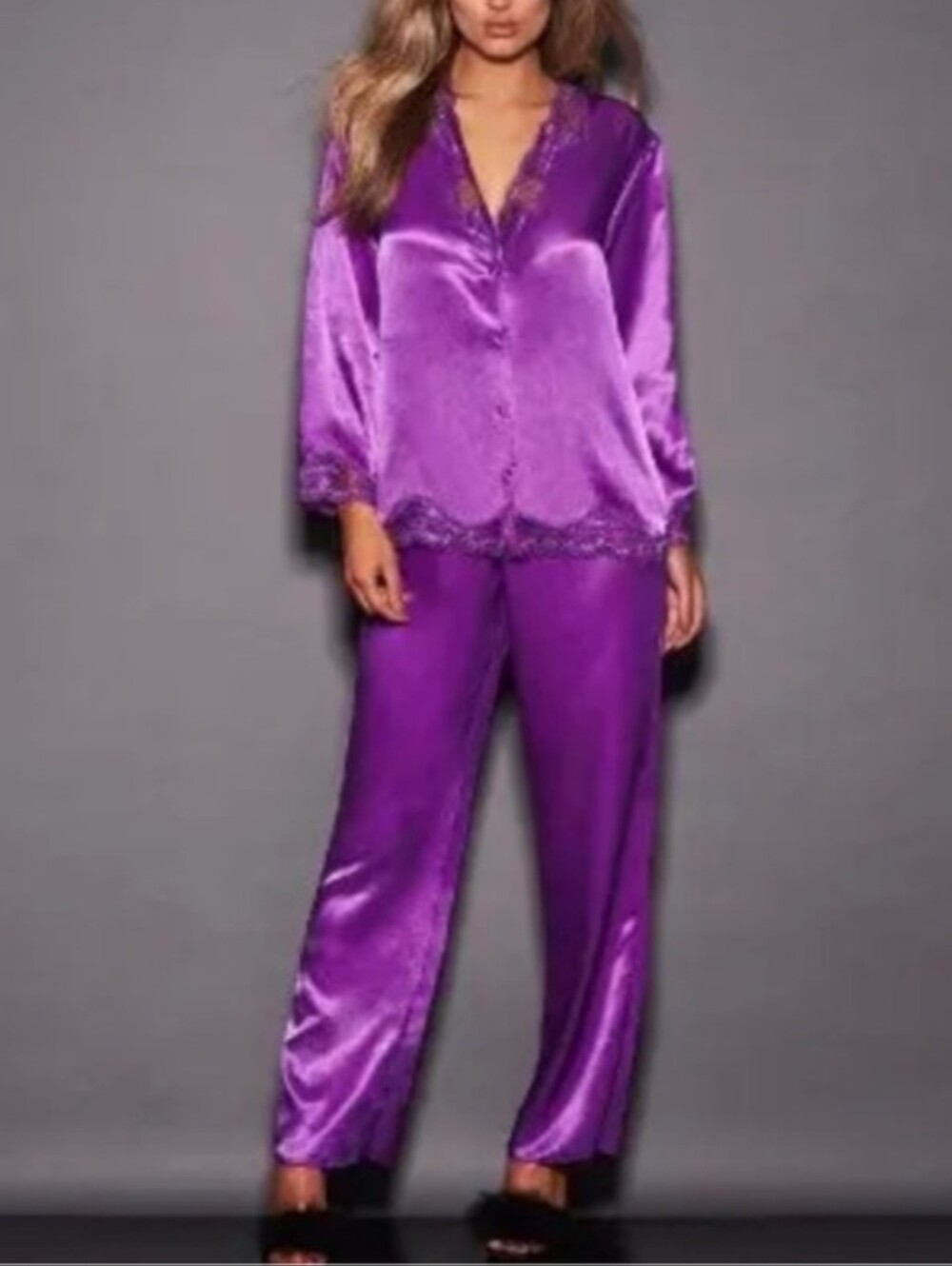 NWT Frederick’s of Hollywood Satin Pajama and Lace Nicole PJs Size L Purple
